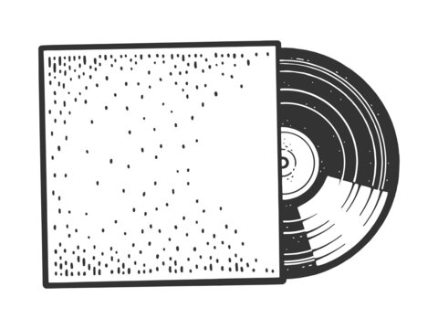 vinyl record in envelope sketch engraving raster illustration. T-shirt apparel print design. Scratch board imitation. Black and white hand drawn image.