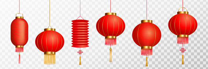 Red Paper Chinese Lanterns. Traditional Decoration for Chinese New Year, Lantern Festival, Weddings. Realistic Vector Illustration.