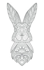 Rabbit head line art for children or adult coloring book. Hare bunny portrait. Vector graphic, coloring page. Hand-drawn with ethnic floral doodle pattern. Zendala, spiritual relaxation. Zen