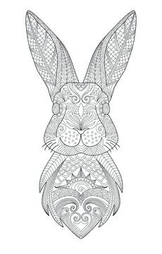 Rabbit head line art for children or adult coloring book. Hare bunny portrait. Vector graphic, coloring page. Hand-drawn with ethnic floral doodle pattern. Zendala, spiritual relaxation. Zen