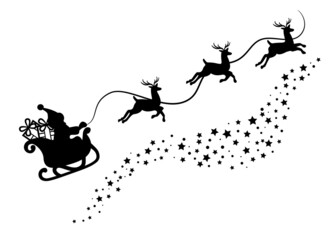 Santa Claus in a sleigh with reindeers black silhouettes for cut templates