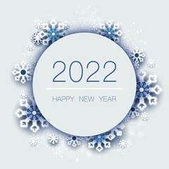Happy New Year 2022. Creative design of blue numbers, winter snow, white snowflakes, isolated text. Blue background. Futuristic, logo 2022. Elements for calendar and greeting Christmas cards, template