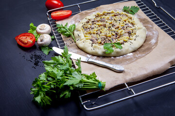 Pie with stewed potatoes and mushrooms on black background