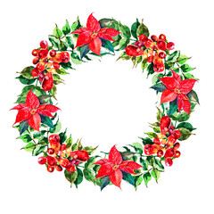 Watercolor wreath of red flowers for Christmas holiday.
