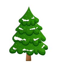 Christmas tree in the snow isolated on a white background. Vector colorful Christmas tree with snowy branches in cartoon flat style. Christmas illustrations.