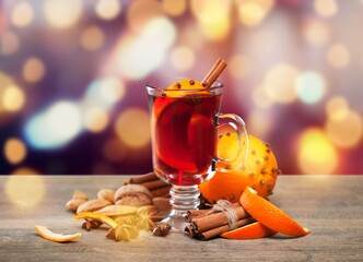 Christmas or New Year hot winter drink, spicy grog cocktail, punch or mulled wine with tea,
