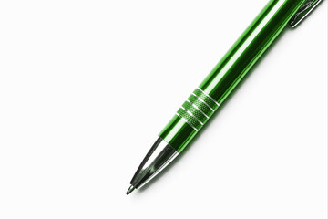Green metal pen isolated on white. Single object cutout. Office utilities background. Empty copy space signing business deal background.