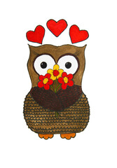 A sketch of a cartoon owl with a bouquet of flowers in its wings and hearts above its head