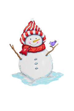 A sketch of a snowman wearing a red scarf and hat