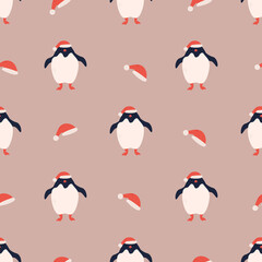 Vector seamless pattern with cute funny penguins