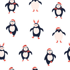 Vector seamless pattern with cute funny penguins