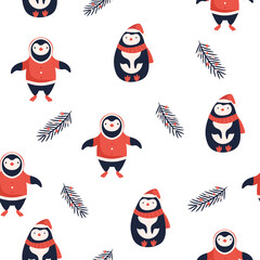 Vector seamless pattern with cute funny penguins