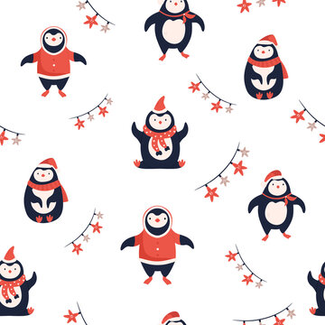 Vector seamless pattern with cute funny penguins