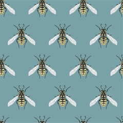 Seamless bee pattern. Flat vector illustration with insects.