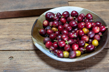 Fresh red ripe coffee beans in plate on table.