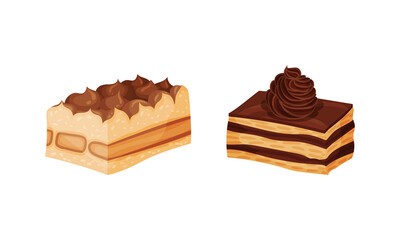 Delicious piece of cakes set. Sweet baked confection desserts vector illustration