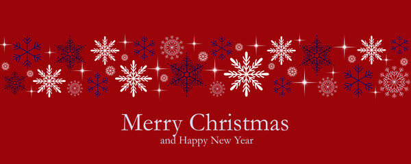 a banner for decoration for the winter holidays, Christmas and New Year. snowflakes, highlights and text on a red background.