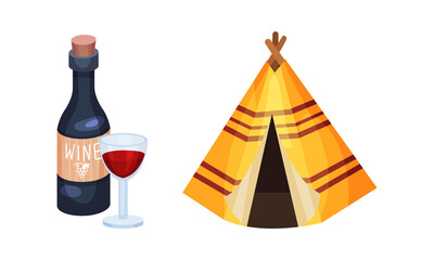 Thanksgiving day objects set. Bottle of wine and teepee tent vector illustration