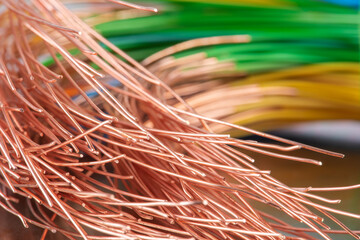 Colored electrical copper cables close-up
