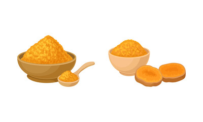 Ginger root and powder in bowl. Natural organic food, aromatic spice vector illustration