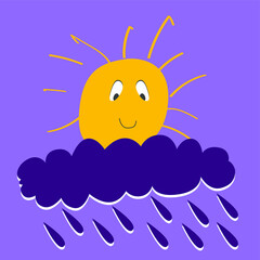 Vector graphics - a yellow sun with rays smiles hiding behind a cloud with raindrops on a lilac sky isolated. Concept weather forecast