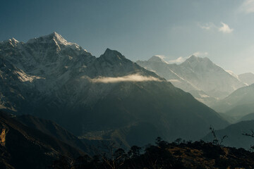 panorama view of Mount Everest massif Nuptse, Lhotse and Ama Dablam from Namche Bazar, Himalayas,...