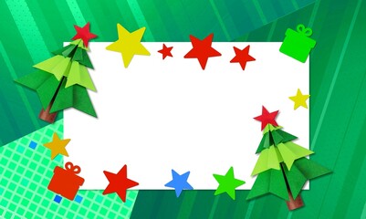 Frame of Christmas trees and decorations made of cardboard and material for making crafts. Homemade.