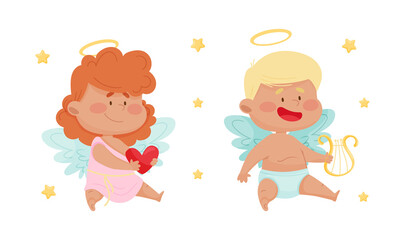 Cute baby angels with nimbus and wings. Lovely angelic little children vector illustration