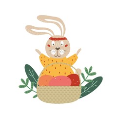 Easter illustration with bunny, basket and eggs isolated on white background. Vector illustration.