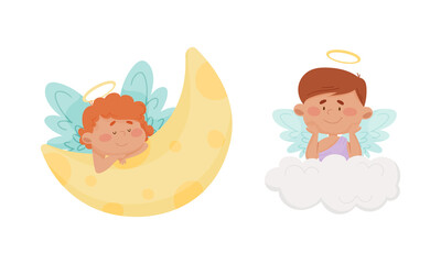 Cute baby angels with nimbus and wings. Funny angelic little children in th sky vector illustration