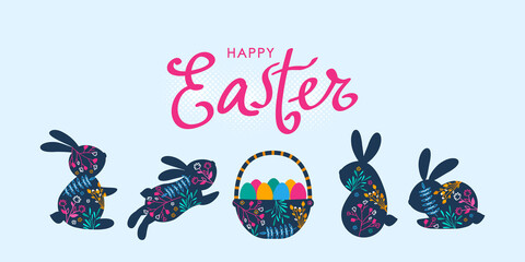 Happy Easter greeting card or banner with hand lettering and set of Easter bunnies.