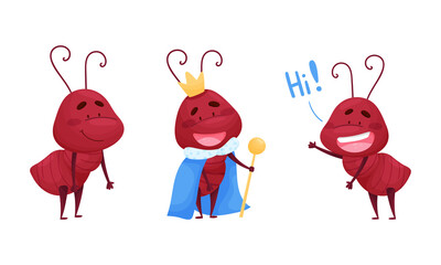 Ant doing various actions set. Happy funny smiling insects cartoon characters vector illustration