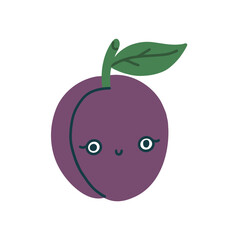 Cute kawaii plum purple color. Kind childish berry character with eyes and a smile. Vector flat illustration isolated on white background.