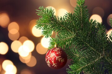 Fototapeta na wymiar Festively Decorated Outdoor Christmas tree on blurred sparkling fairy background.