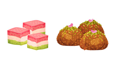 Turkish delights set. Middle east sweet deserts vector illustration