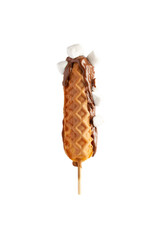 waffle stick glazed with chocolate melted and marshmallows. white background