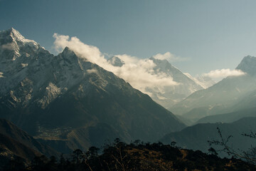panorama view of Mount Everest massif Nuptse, Lhotse and Ama Dablam from Namche Bazar, Himalayas,...