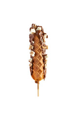 waffle stick glazed with chocolate topping with waffers cover with white chocolate. white background
