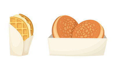 Street food set. Sweet tasty donut and waffle vector illustration
