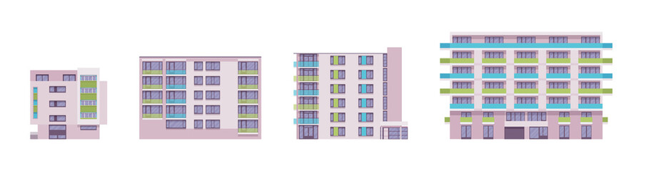 Residential detached building set, towering apartment blocks facade. Industrial urban planning, concrete panels, multi-family home. Vector flat style cartoon illustration, modular floor sections