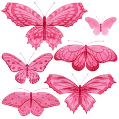 A set of colored pink butterflies of different shapes, design elements, watercolor painting