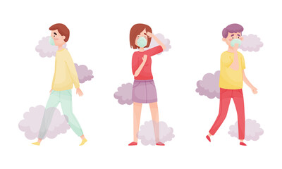 People in protective face masks set. Persons protecting themselves from contaminated air. Air pollution concept vector illustration