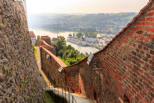 Bavarian City Passau, City view from feste Oberhaus to Donau and Inn River, Germany