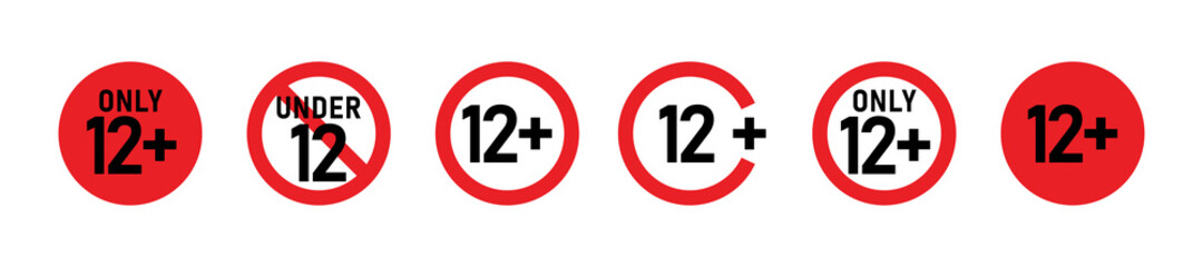 12 plus sign set. Twelve. Age restrictions, censorship, parental control. Icon for content, movies and toys.
