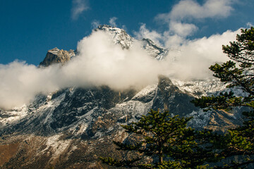 panorama view of Mount Everest massif Nuptse, Lhotse and Ama Dablam from Namche Bazar, Himalayas,...