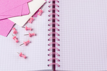 full frame with open pink spiral notepad. White and pink stickers with push pins on diary sheet.
