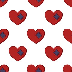 Broken heart, seamless pattern. A red heart with a patch. Romantic pattern. For the design of wrapping paper, fabrics, prints, backgrounds.