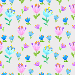 Obraz na płótnie Canvas Seamless pattern of flowers drawn with markers on a light gray background. For fabric, sketchbook, wallpaper, wrapping paper. 