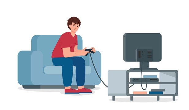 Teenager playing video games on game console with TV. School boy spend free time at home. Flat or cartoon vector illustration.