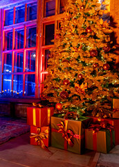 Holiday winter home decoration. Christmas tree interior indoor.